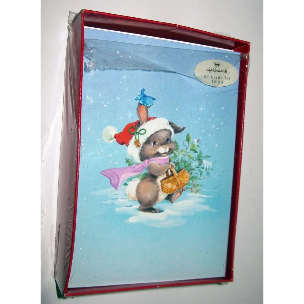 Hallmark Christmas Cards Bunny Rabbit Santa Hat Holiday Box of 17 Unused Vintage